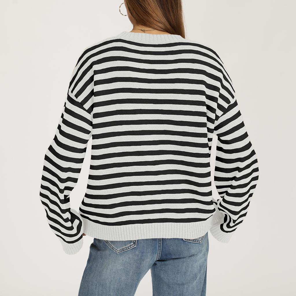 Women's Casual Striped Round Neck Long Sleeve Pullover Sweater for Everyday Wear