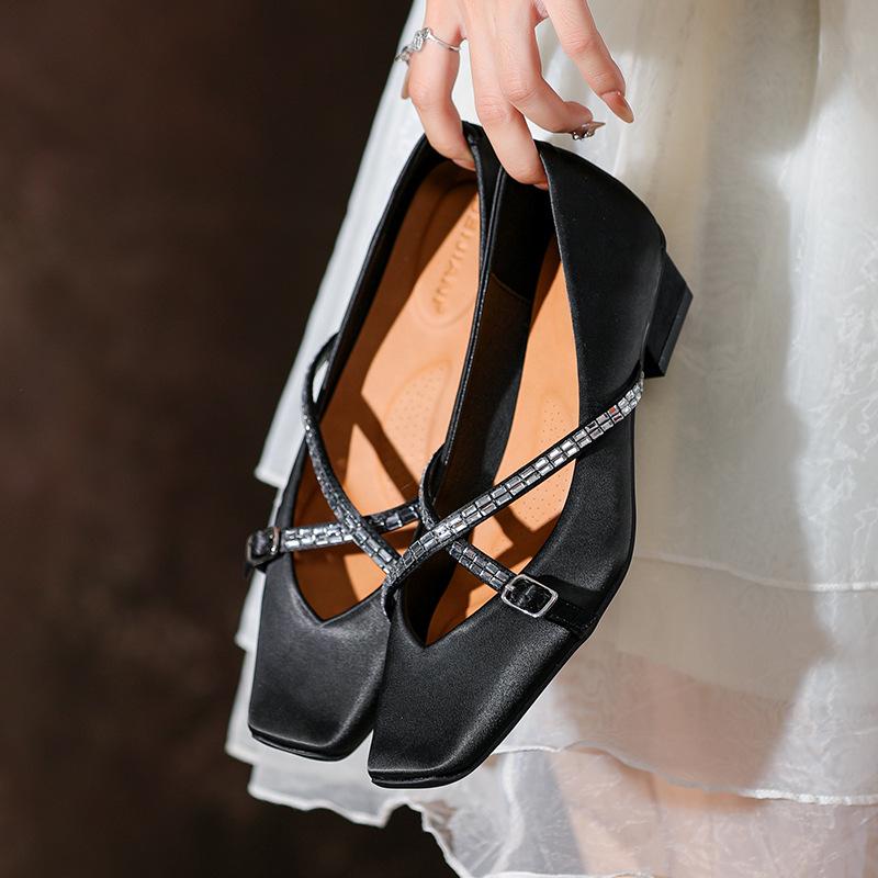 

X999-7 Женские ретро туфли Мэри Джейн на массивном каблуке с хрустальной цепочкой, балетки 38 чёрный