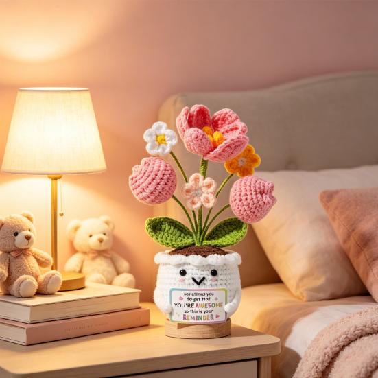 Regalos de Agradecimiento Positivos de Ganchillo Tulipán Flor Silvestre para Mujeres Mamá Amigas Muñeca de Flor en Maceta Hecha a Mano con Tarjeta Regalo de Apoyo Emocional para el Día de la Madre