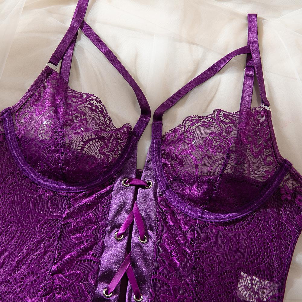 Purple Floral Lace Garter Lingerie Set Bodysuit Women Intimates Underwire Bra And Thongs Ladies Underwear Set