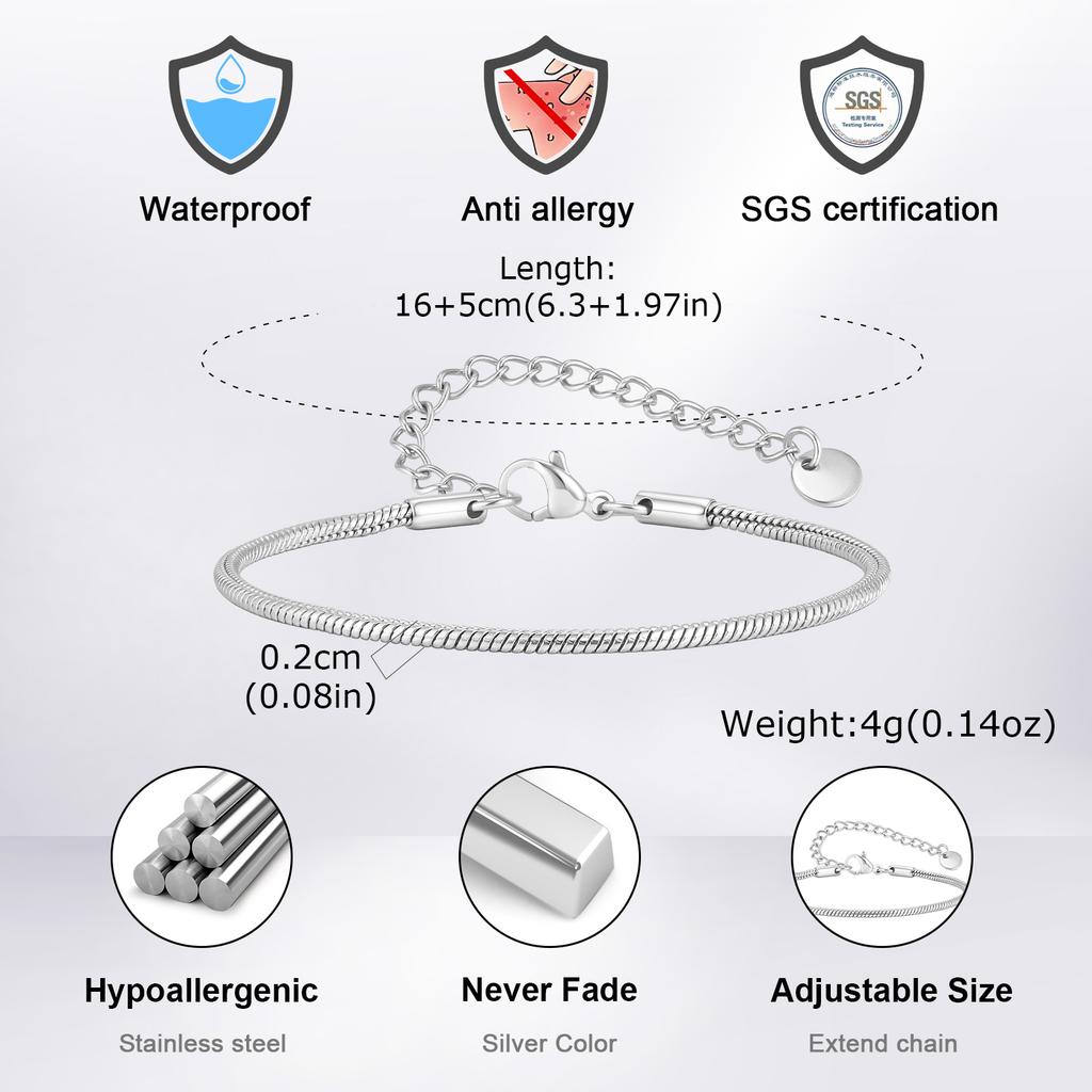 Classic 1mm/2mm Round Snake Chain Bracelets for Men Women, Stainless Steel Adjustable Link Wristband Bracelet, Fashion Jewelry