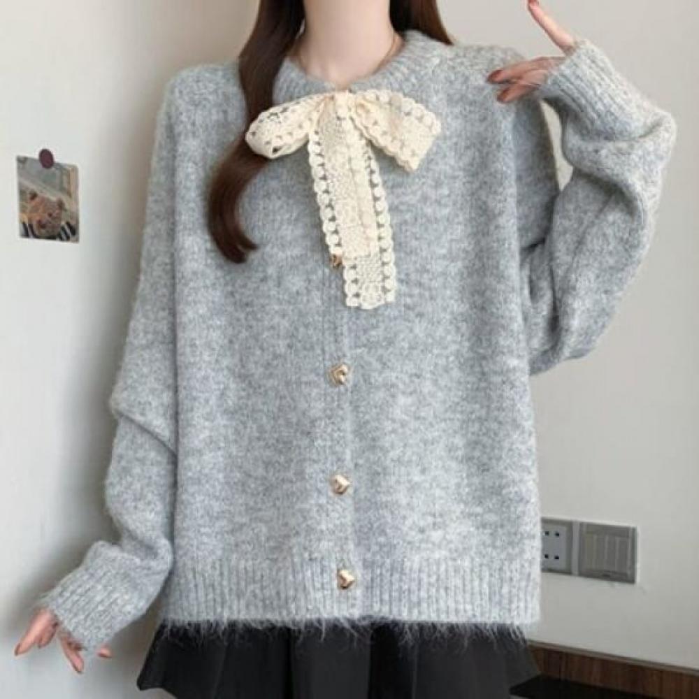 Navava Women Lovely Lace Ribbon Long Sleeve Knit Cardigan Nk3433