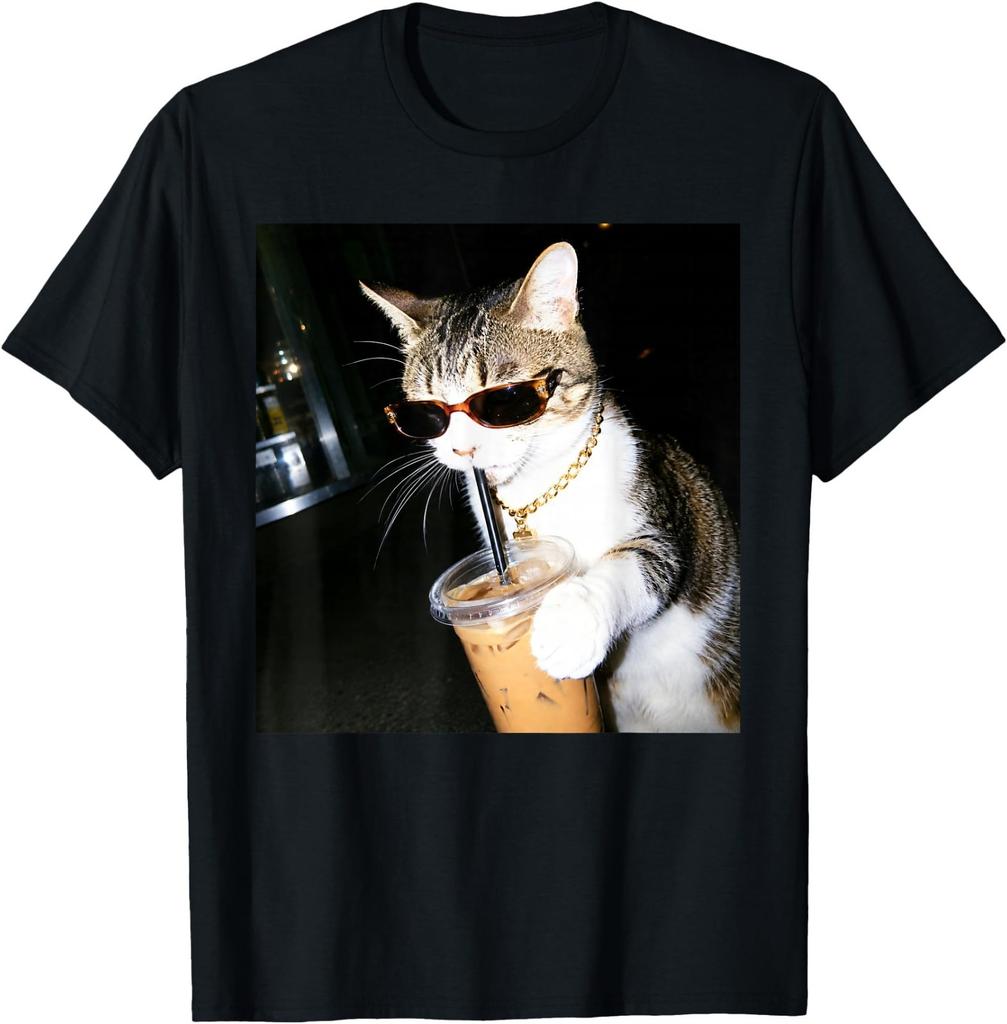 Funny Cat Drinking Iced Coffee Humor Meme Kitten Lover T-Shirt