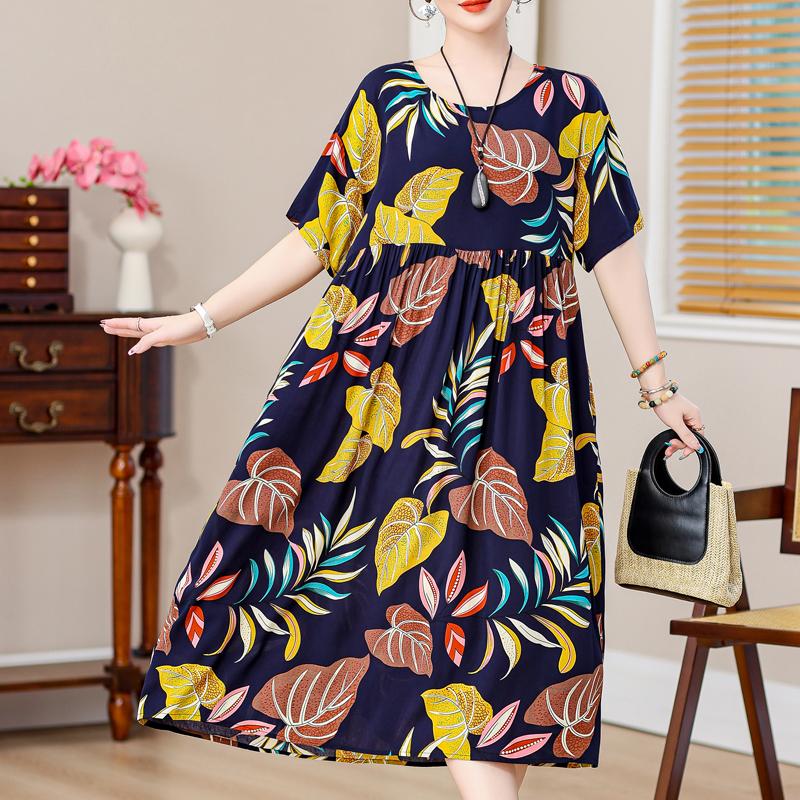 Plus Size Vintage Print Long Dress for Women Oversize Short Sleeve Elegant Loose Dresses Summer Casual Middle-aged Women's Clothing