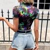 2026 Summer New Women's Colorful Pattern Mesh Short Slim-Fit T-Shirt