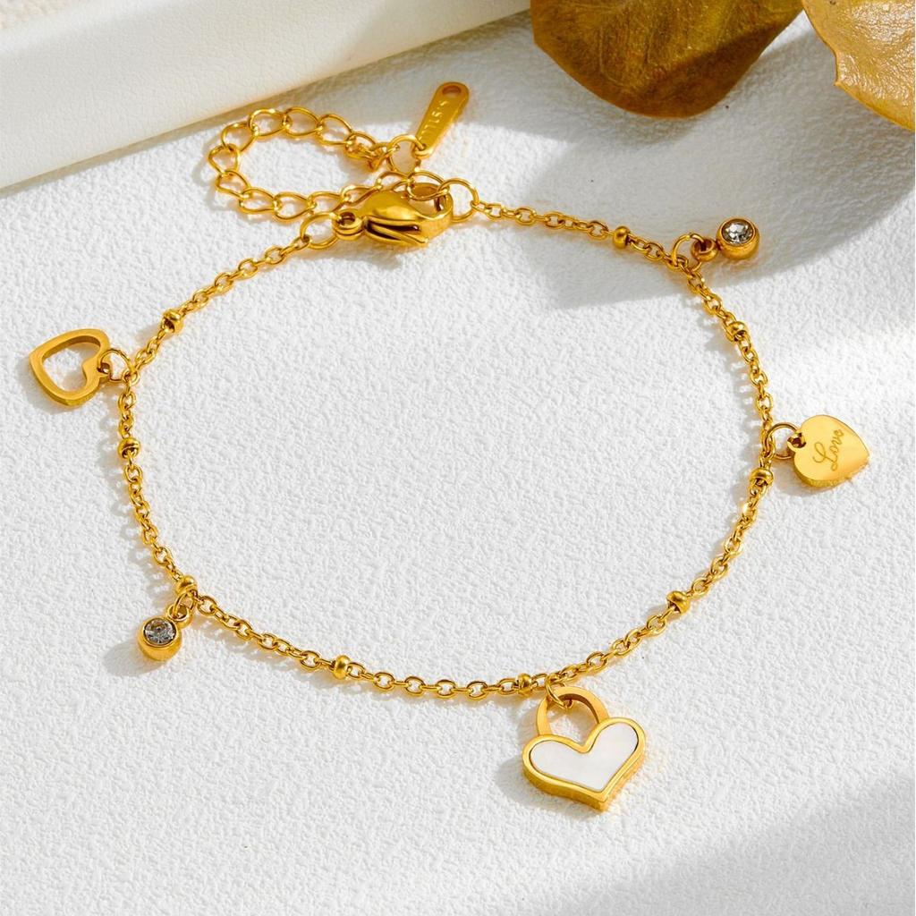 Stainless Steel Gold-Plated White Mother of Pearl Heart Bracelet Engraved "Love" Charm Zircon Accent Minimalist Luxury Jewelry