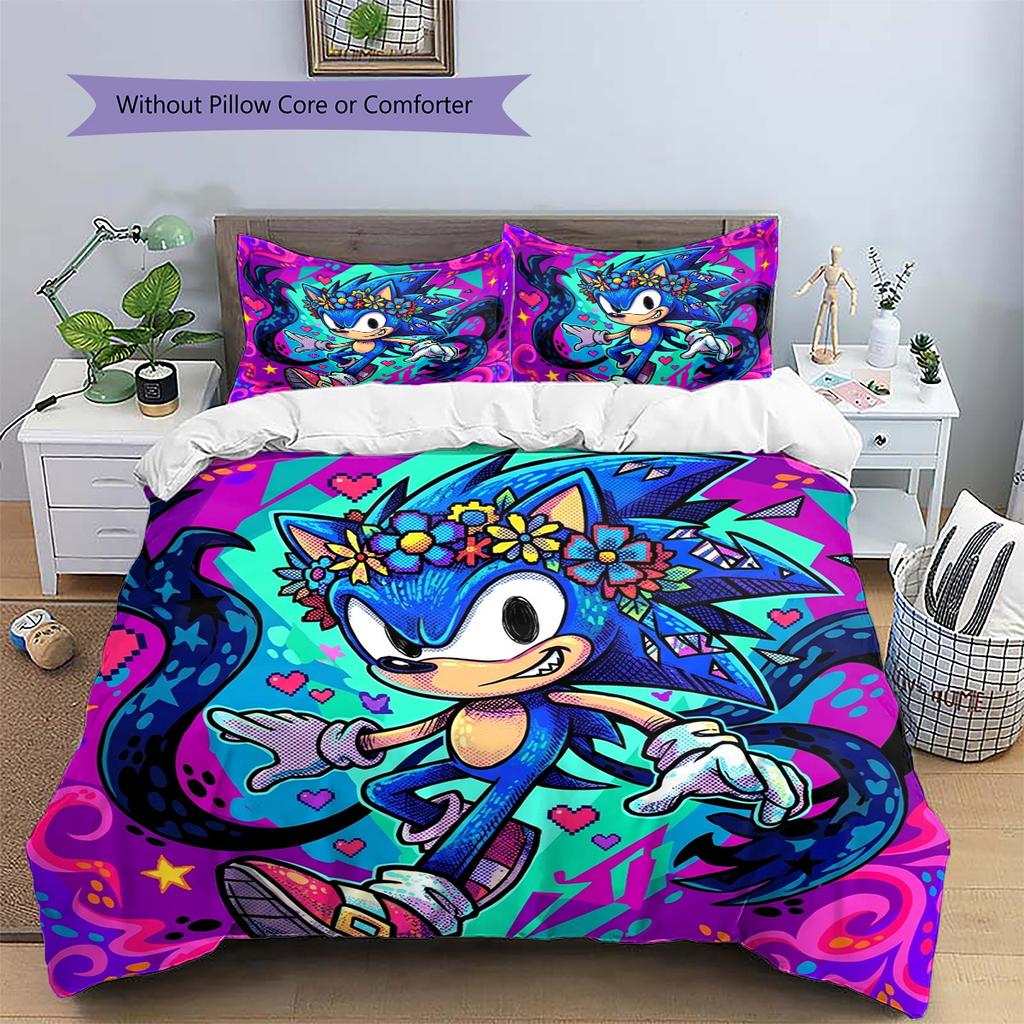 Hedgehog Sonic Pattern Bedding Quilt Set Quilt Cover Pillowcase Home Decoration Birthday Gift (1 * duvet cover + 2 * pillowcase, without core)