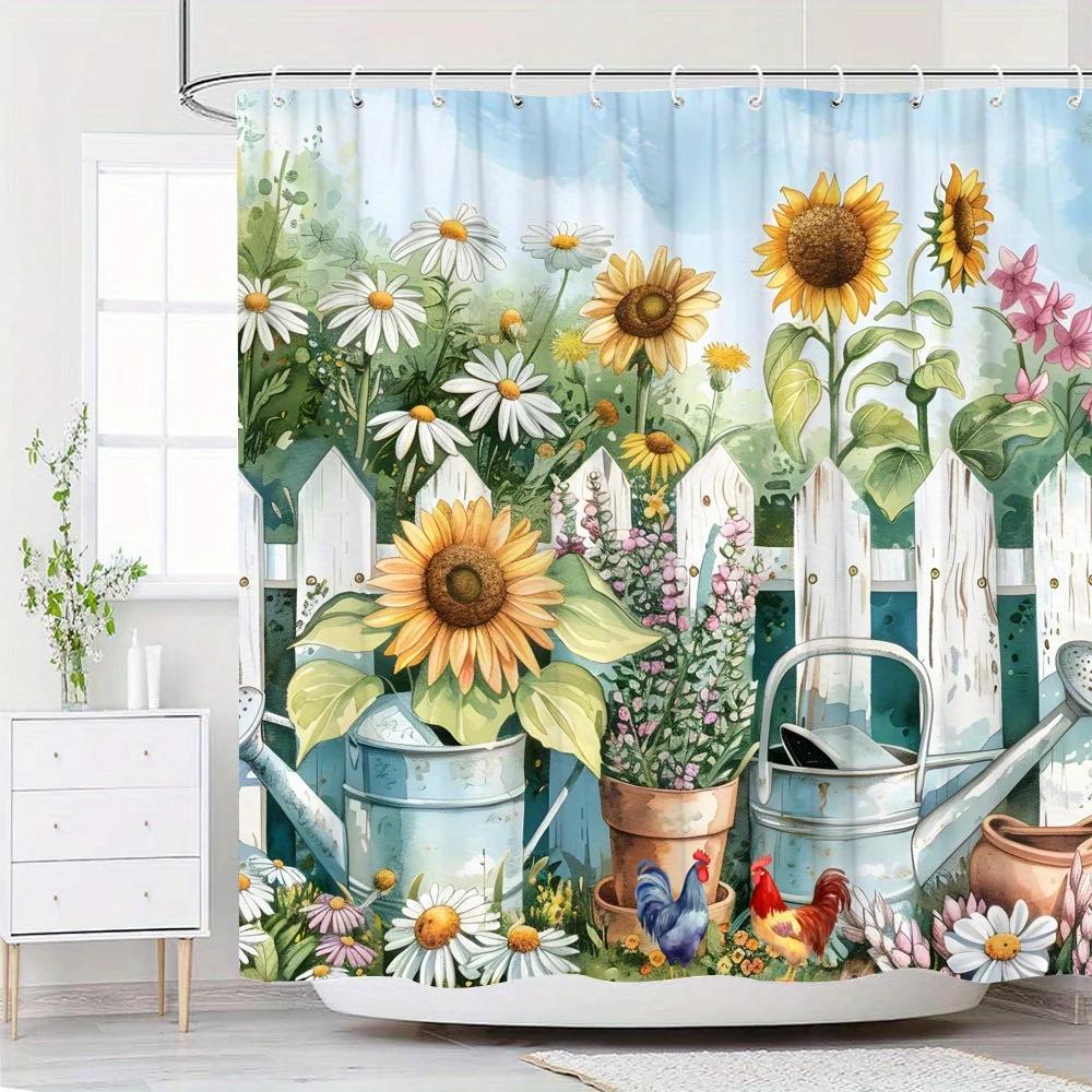 

1Pc Whimsical Garden Shower Curtain - Blue Watering Cans, Bird, Rooster, Flowers, Rustic Fence, Polyester, Washable, All-Seas W60H190(CM)-1 Pcs