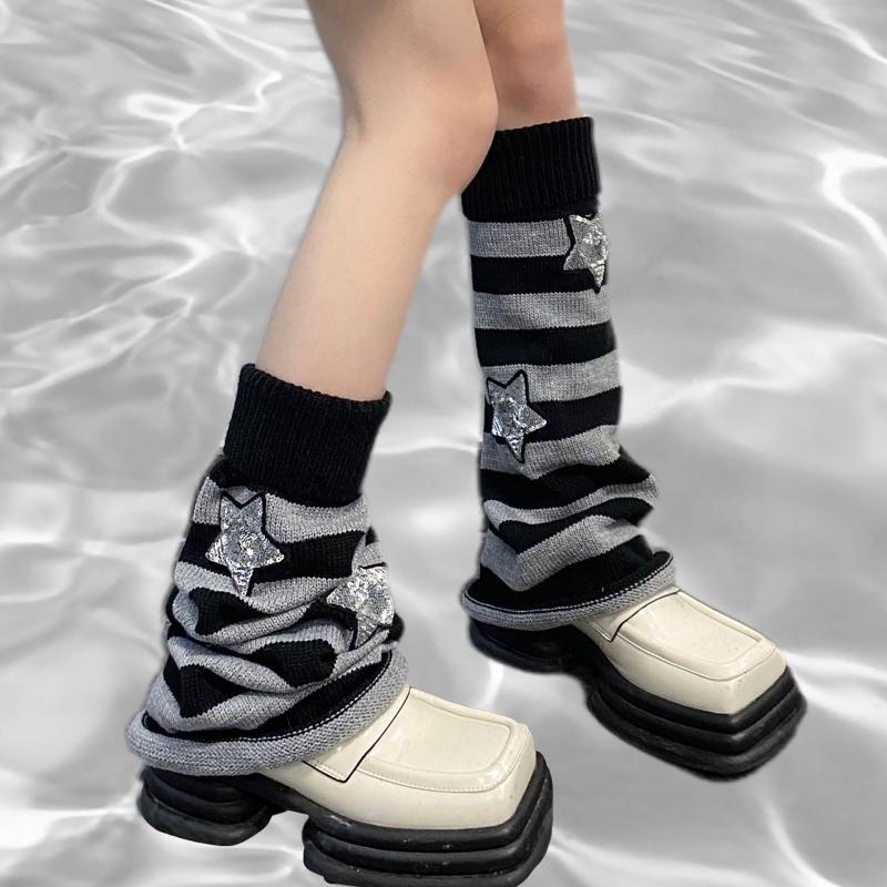 Harajuku Women Autumn Leg Warmers Socks Japanese Gothic Striped Sequins Stars Knitted Long Socks Punk Baggy Foot Covers