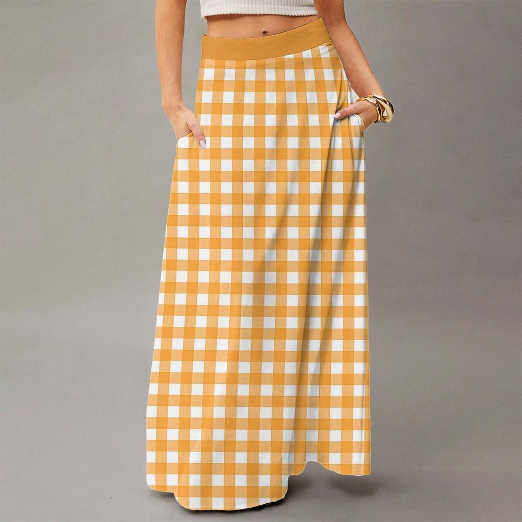 Damen Lässig Freizeit Faltbar Gestreift Kariert Druck Hohe Taille Mit Tasche Drapierter Entspannter Langer Maxi Rock