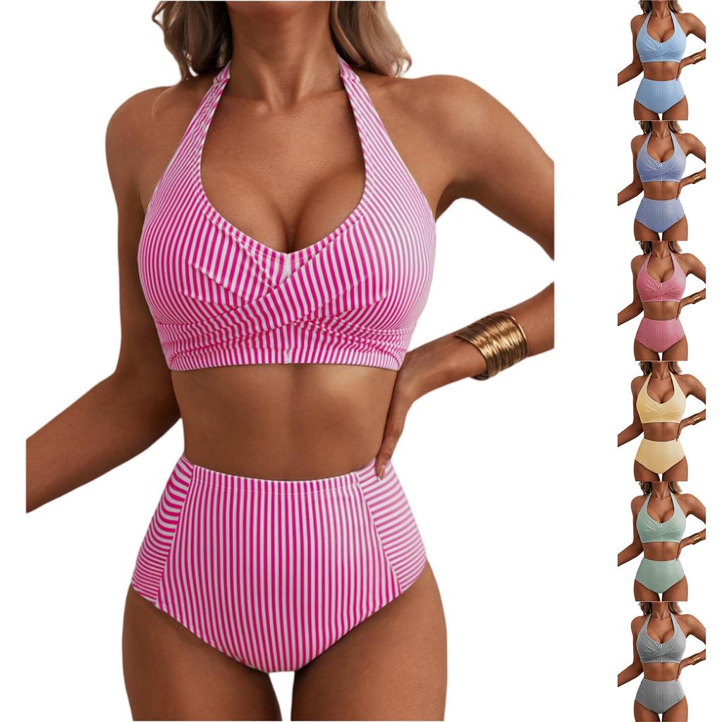 Women Neck High Waist Bikini Set Two Piece Swimsuit with Vertical Stripe Print and Ruched Top Design for Beachwear