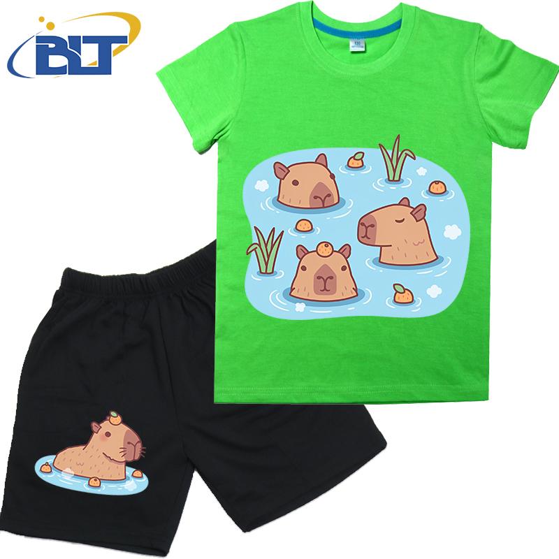 Cute Capybaras Chilling In Hot Spring With Oranges Print Kids T-shirt Set Summer Cotton Short-sleeved Shorts 2-piece Set