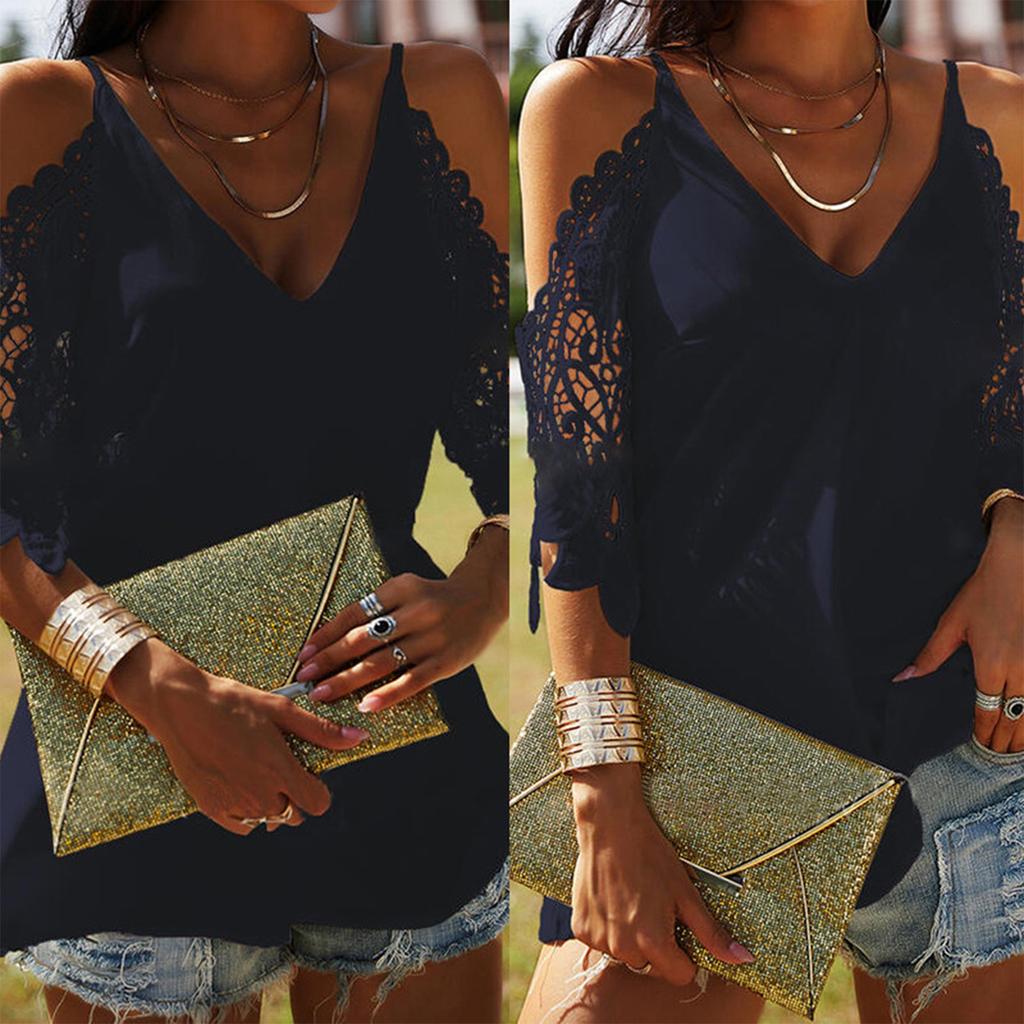 Women's Fashion Loose Lace Hollow Sleeve Sling T-shirt Top Blouse