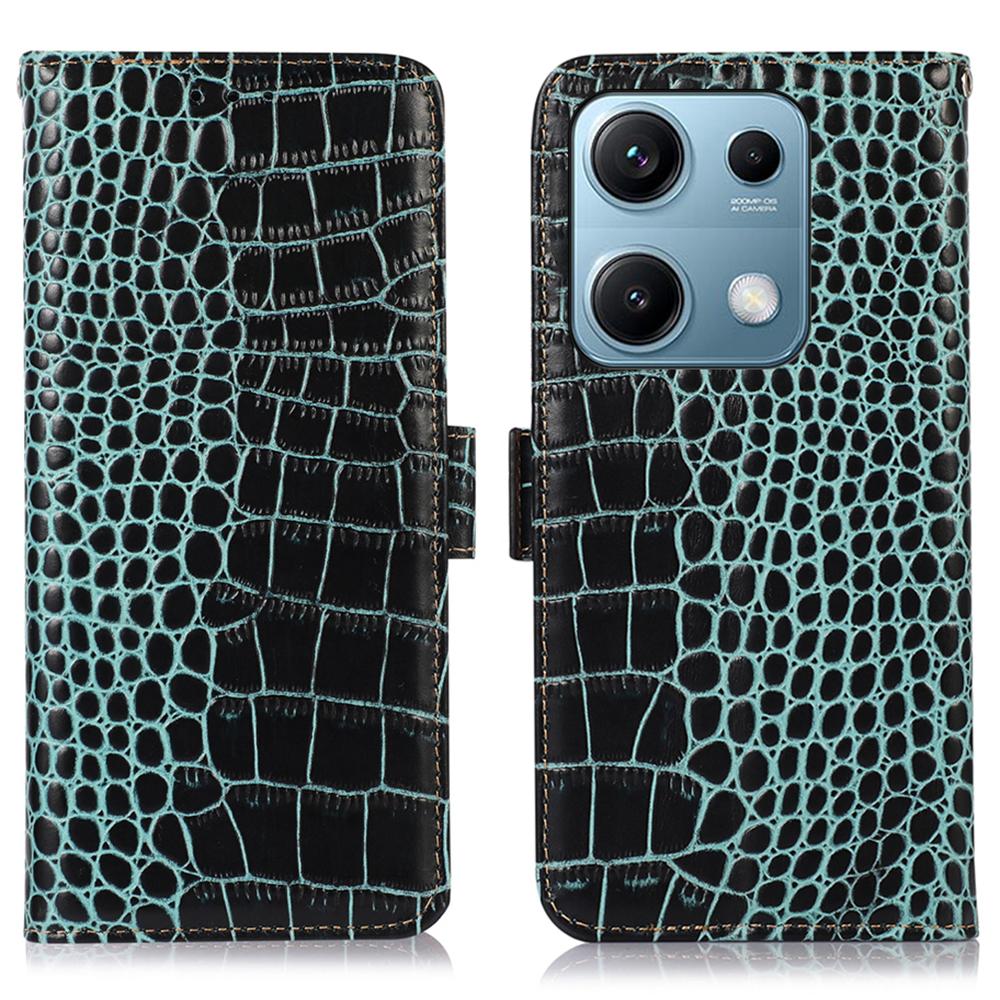 

For Xiaomi Redmi Note 14S 4G Case Crocodile Texture Genuine Cow Leather Phone Wallet Cover Green