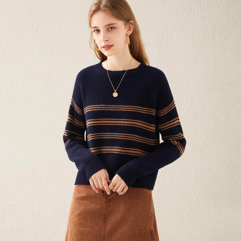TUHUANG Women's Thickened 100% Wool Color Block Round Neck Sweater