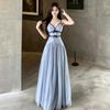 French Blue Mesh V-neck Suspender Dress Women's Summer Birthday Dress Skirt Temperament Waist and Thin Dress