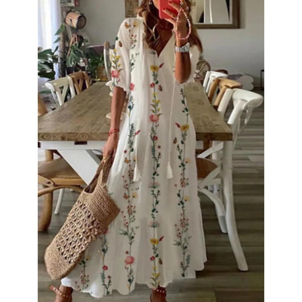 Women's V Neck Floral Print Short Sleeve Tassel Tie Loose Fit Maxi A-Line Dress