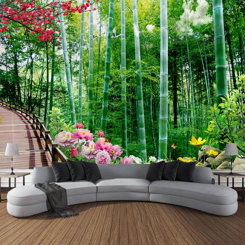 Art Curtain Hanging Cloth Home Bedroom Living Room Decoration Green Bamboo House Bridge Landscape Wall Tapestry