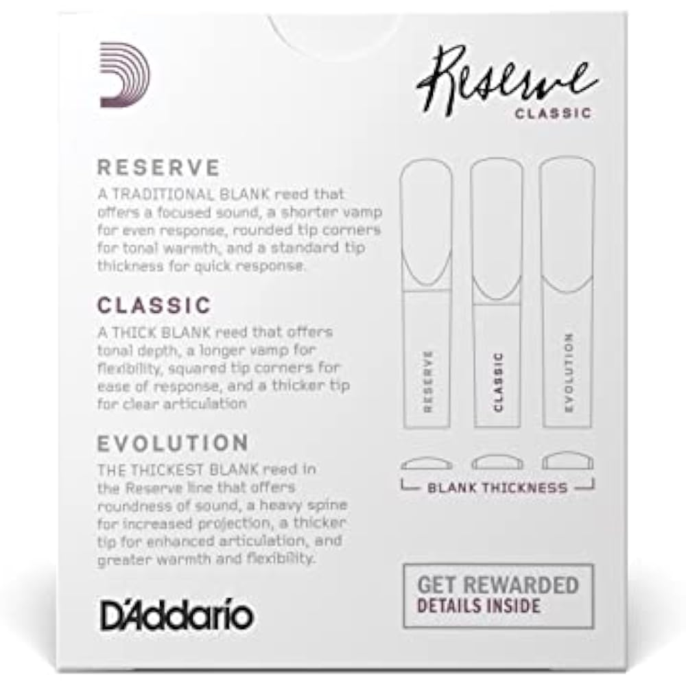 D'Addario WoodWinds Daddario Reed for Bb Clarinet RESERVE CLASSIC DCT1025 [Hardness: 2.5] Pack of...