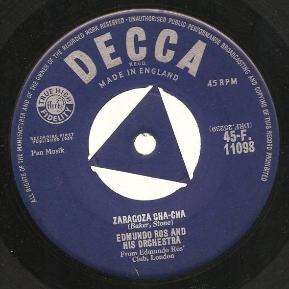 

7inch Record EDMUNDO ROS & HIS ORCHESTRA - Zaragoza Cha-Cha 45F11098 Decca 1959 UK Jazz Used