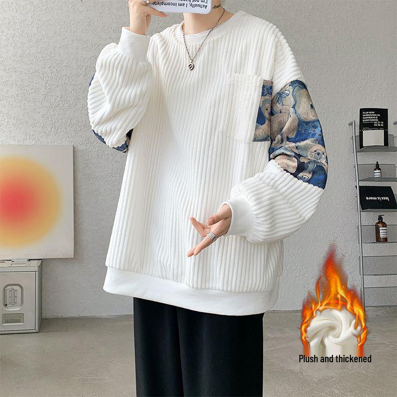 Men's White Corduroy Hoodie with Little Bear Embroidery, Heavyweight Plus Velvet, New Chinese Style, Thickened for Autumn/Winter.