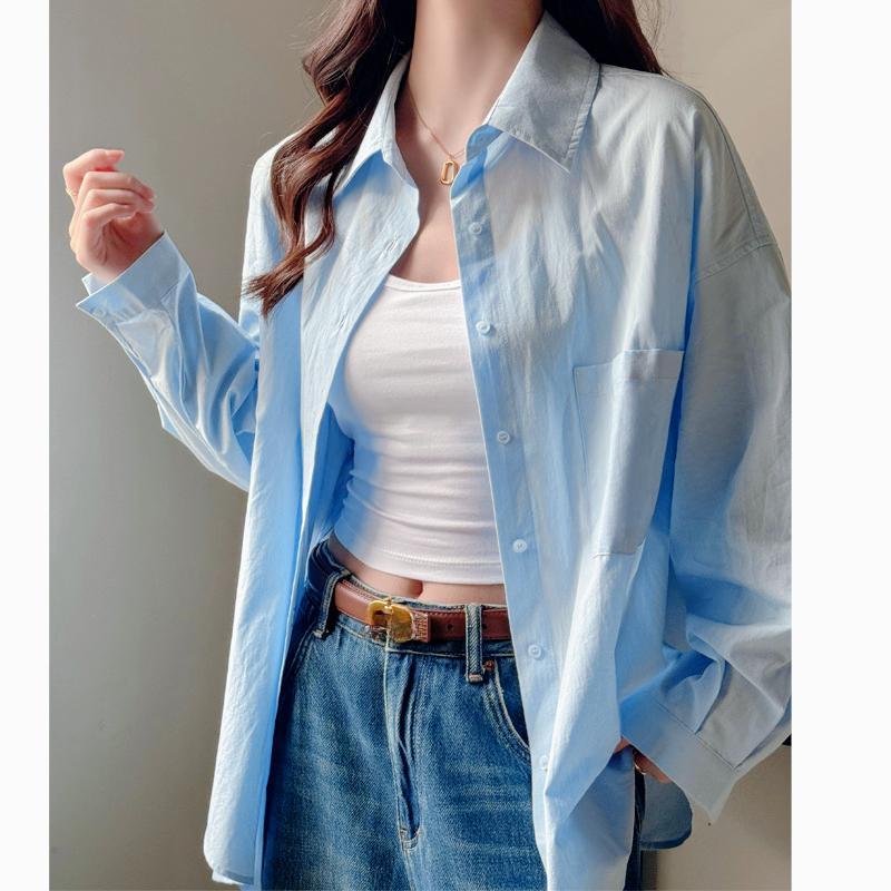

Весенне-летняя новая женская однотонная рубашка, высококлассный ленивый стиль, свободный и тонкий топ, куртка от солнца small version (suitable for weight 70-55 kg) светло-синий