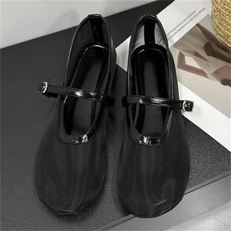 

Летние удобные дышащие сетчатые туфли на плоской подошве с круглым носком, женские босоножки, модные мюли с пряжкой и ремешком, обувь Zapatos De Mujer 35 чёрный