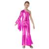 Mädchen Metallic Glänzend Schlaghose Jumpsuit Ein Schulter Schlagärmel Tanzkostüm für Karnevalsparty