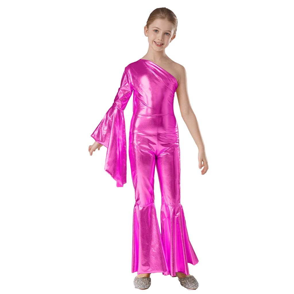 Mädchen Metallic Glänzend Schlaghose Jumpsuit Ein Schulter Schlagärmel Tanzkostüm für Karnevalsparty