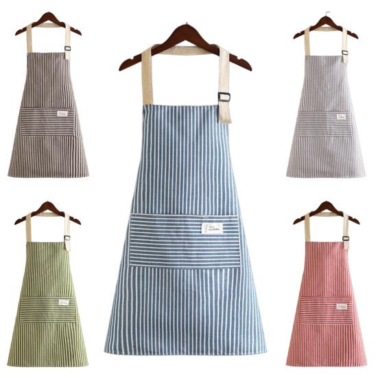 Delantal con Peto Ajustable con Bolsillo Grande de Parche Rayas de Algodón y Lino Delantal de Cocina Transpirable Resistente al Aceite Delantal de Cocina para Hombres Mujeres