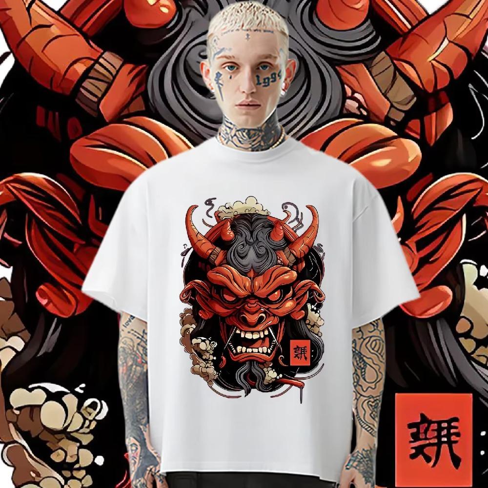 Japanese Mask Tee Oversized Milk Fiber T-shirt Retro Men Tops  Shirt Streetwear Loose Tshirt