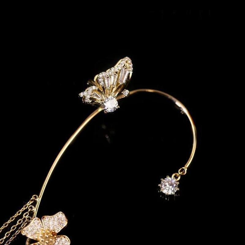 Golden Butterfly Ear Clips with Pendant Diamond Jewelry Gift Wedding Earrings Elegant Handcarved Design Ear Clips Without Piercing