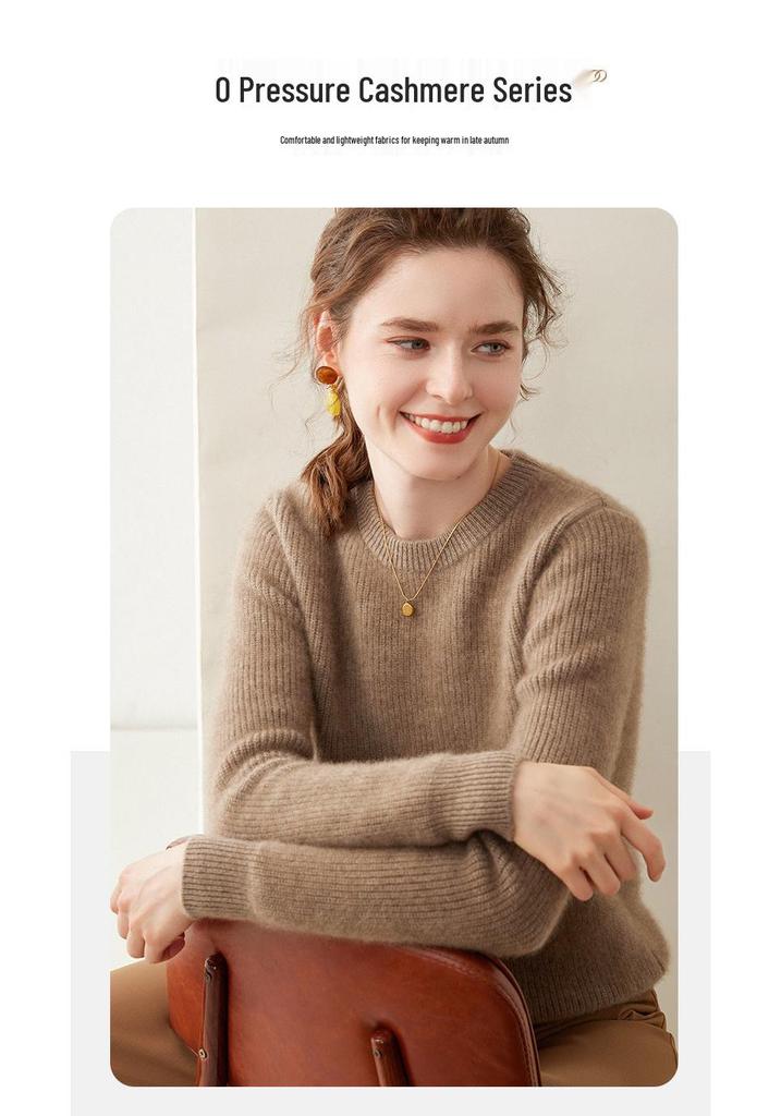 Autumn/Winter 2024 Women's Cashmere Knit Ribbed Sweater – Loose, Slimming, Round Neck Base Layer Top
