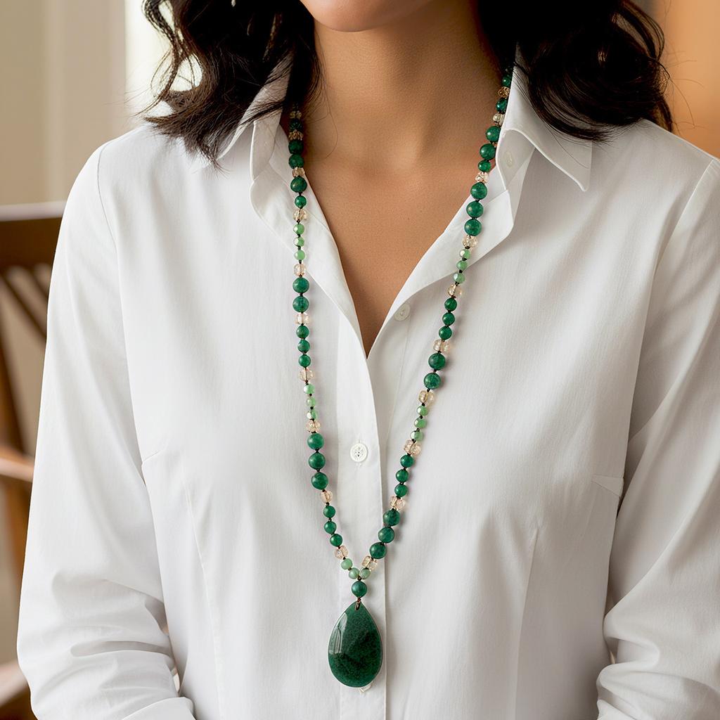 Beads Chain Long Necklaces Green Stone Water Drop Pendant Necklace Sweater Chain Jewelry For Women Gift