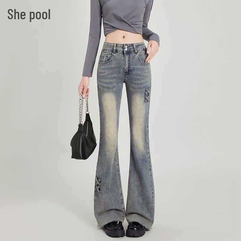 

Women s Grey-Blue High-Waist Slim Flared Washed Jeans M