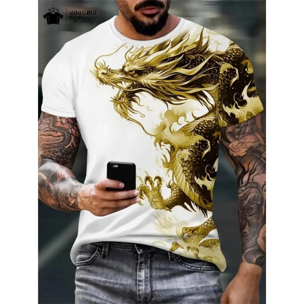 Summer 3D Dragon King Pattern Men's T-Shirt, Street Style Trendy Men's Fashion Loose Casual Short-Sleeve T-Shirt