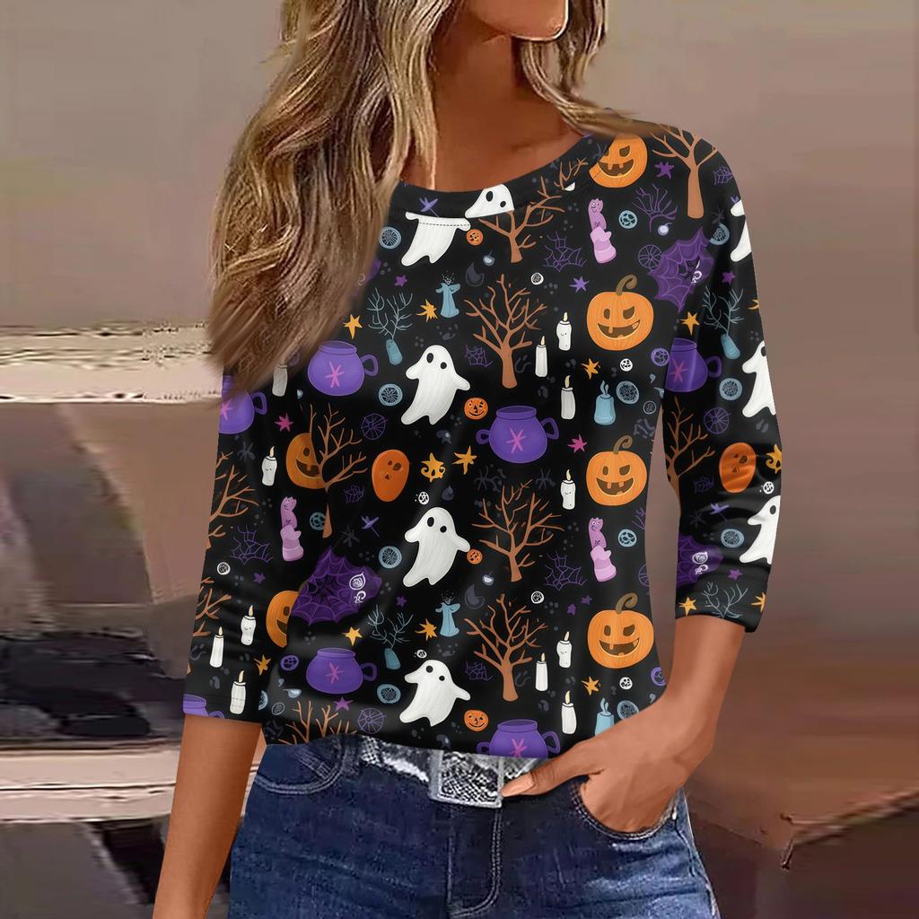Women's Halloween Print T-Shirt Loose Fit Round Neck Three Quarter Sleeve Casual Shirt with Pumpkin and Bat Design for Seasonal Wear