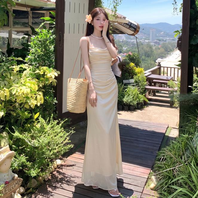 Sexy Celebrity Solid Color Waist Pleated Swing Neck Mesh Splicing Suspender Dress Women's Summer Slim Hip Wrap Dress