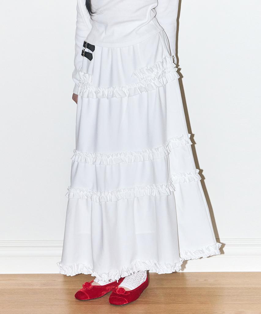 Iligo Buckle Frill Long Skirt White