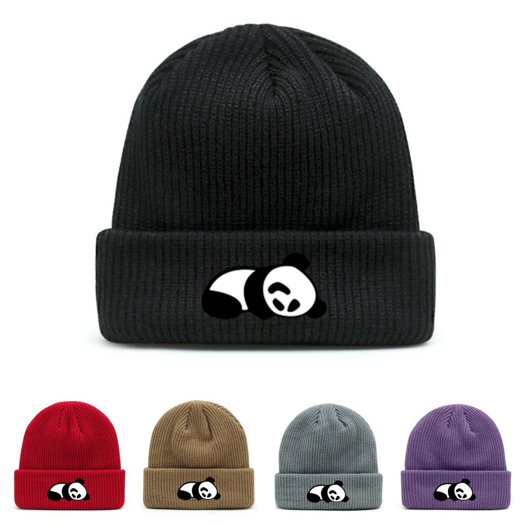 Unisex Panda Print Knitted Hat Elastic Polyester Breathable Warm Winter Hat