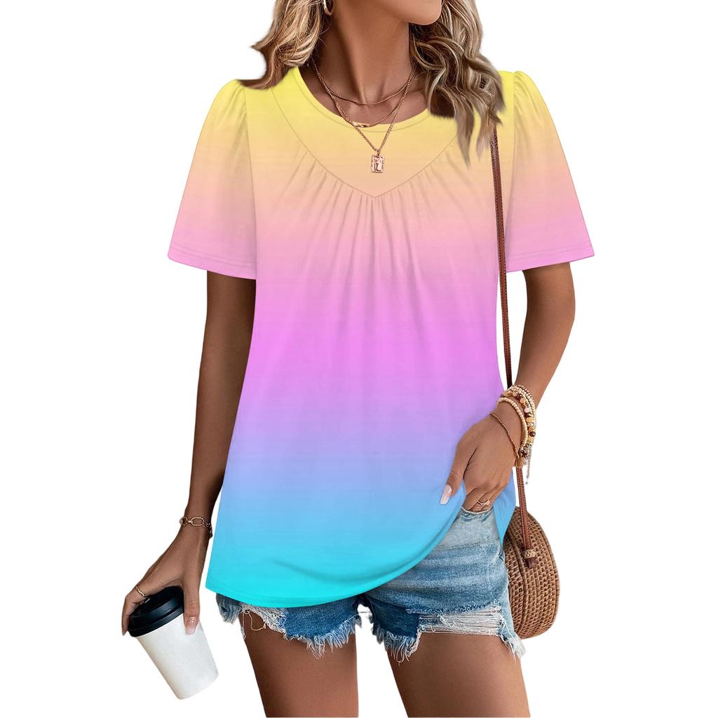 Lässiges Damen-T-Shirt mit Rundhalsausschnitt, Farbverlauf-Print, Falten und kurzen Ärmeln
