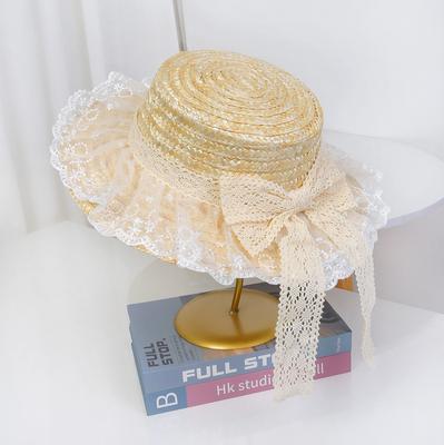 Lace Bow Straw Hat for Women Summer Beach Long Ribbon Beach Vacation Outdoor Sun Hat