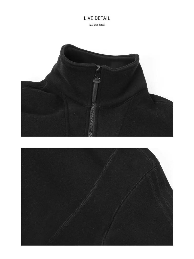 Hong Kong Style Solid Color Fleece Half-Zip Polo Shirt - Men's Retro Loose Casual Hoodie