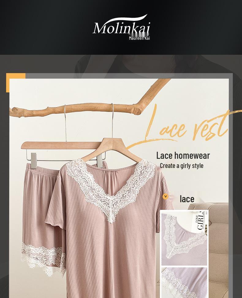 Girly Summer Pajama Set: Two-Piece Lace Home Wear, Short Sleeves & Pants, Chest Pads, Casual & Outdoor Wear