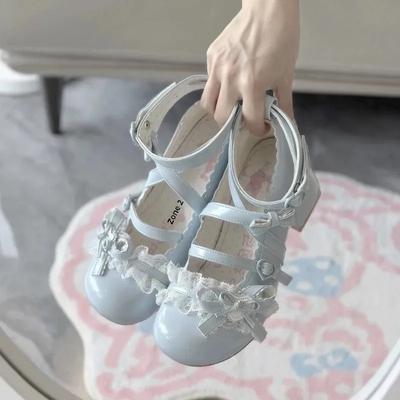 Fashion Lolita Red High Heels Cutelo Shoes Autumn Winter Lace Edging Thick Single Shoes Patent Leather Mary Jane Women's Shoes