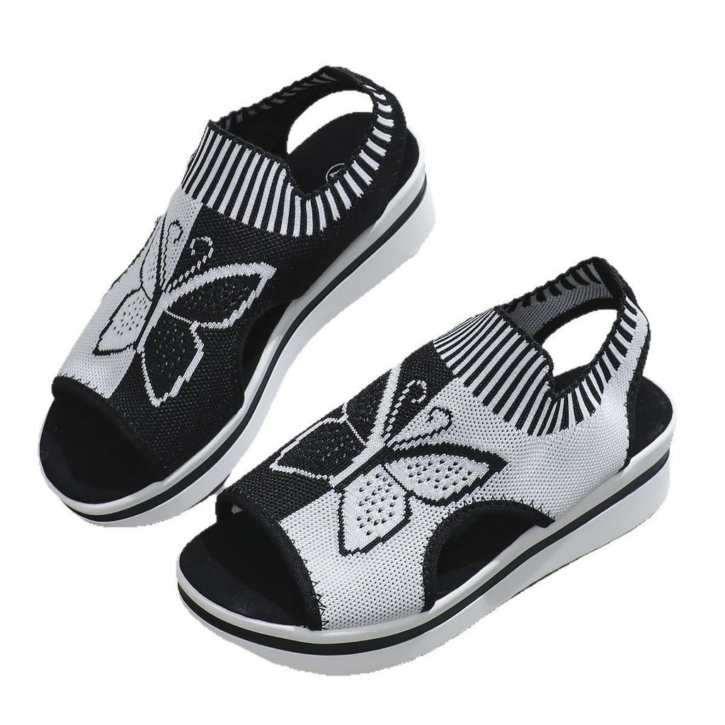 2025 spring new large size fish mouth thick sole heightening knitted foot fitting butterfly Roman sandals women