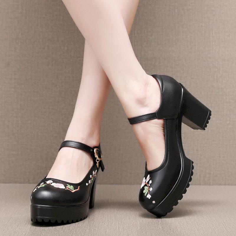 6cm 8cm 10cm Small Size 32-43 Shallow Floral Soft Leather Shoes Platform Pumps  Spring Block High Heels Shoes for Office Mom