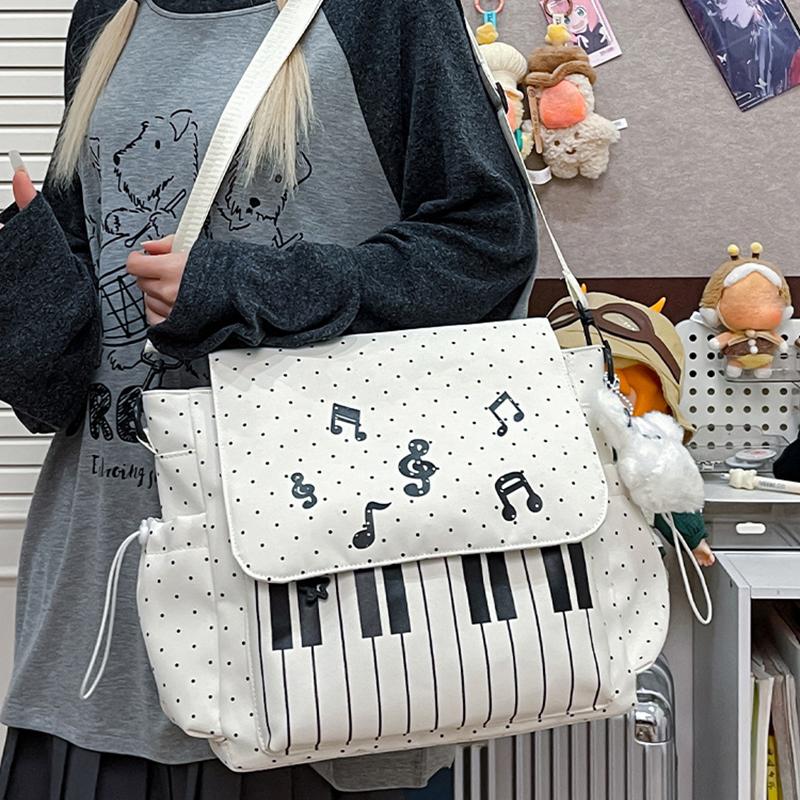 Piano Keyboard Print Messenger Bag With Musical Note Decor Versatile Crossbody Backpack Students Lightweight Durable Zipper Bag