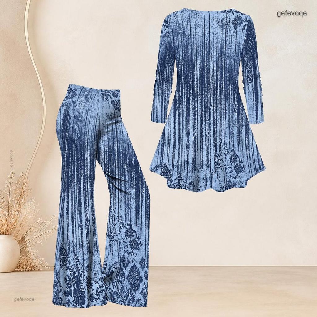 Women Plus Size Round Neck Three Quarter Sleeve Printed Flared Top And Flared Pants Two Piece Set
