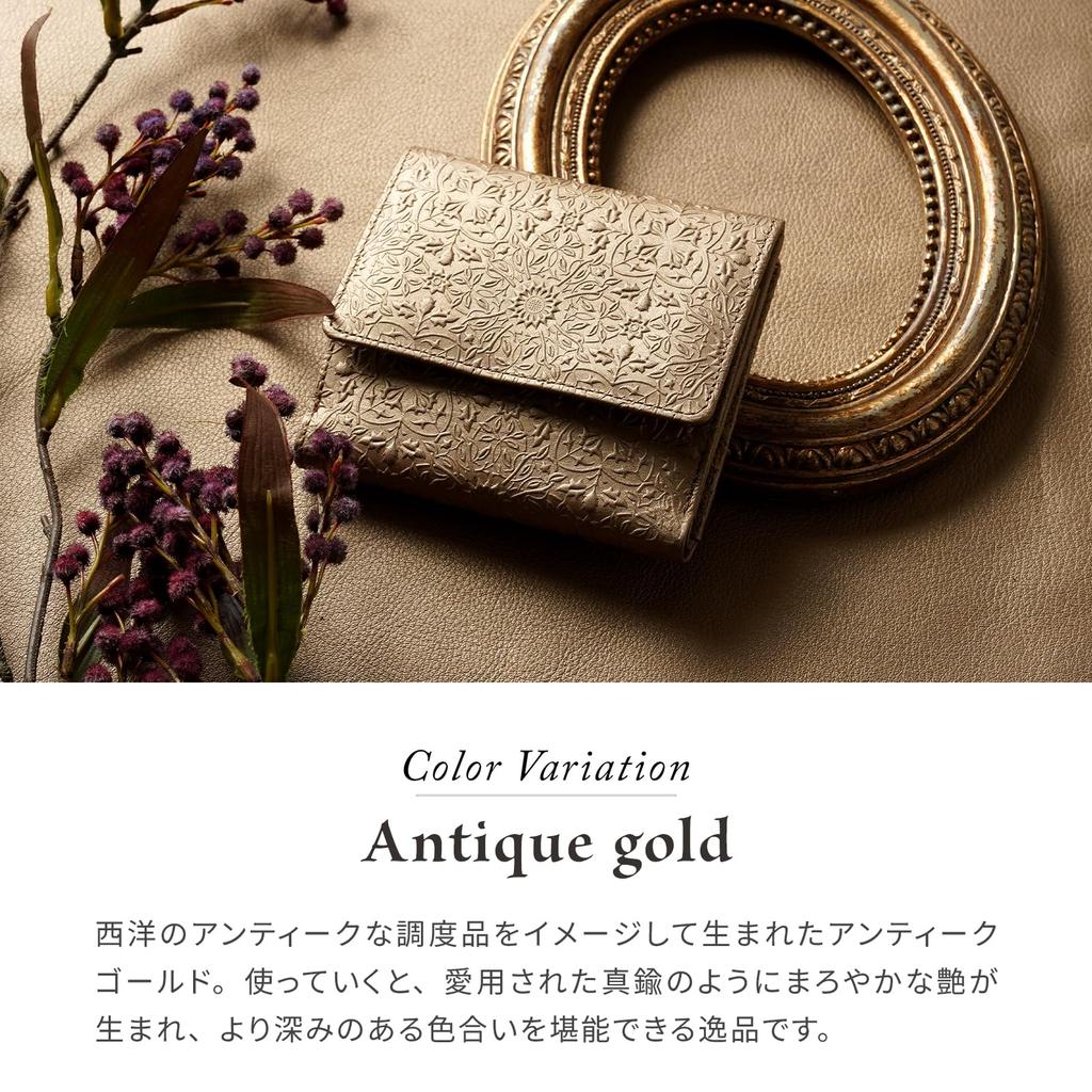 Genuine Leather Bifold Wallet with Morris Antique Embossed Coin William Morris Gold [HIRAMEKI.] Women's Box-Shaped Purse, (Antique Gold)